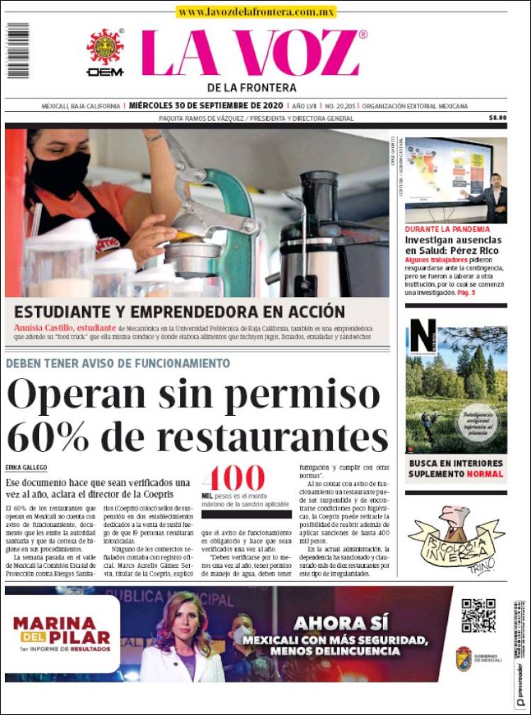 Portada de La Voz de la Frontera (M&eacute;xico)