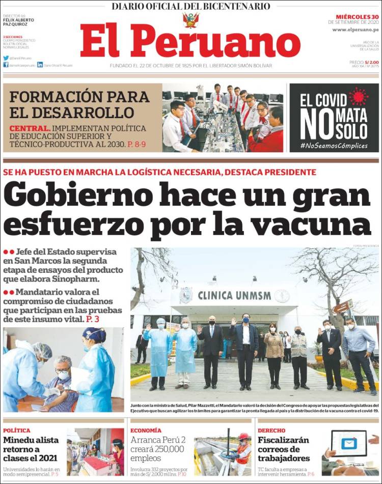 Portada de El Peruano (Per&uacute;)