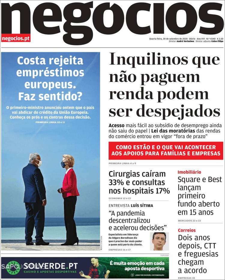 Portada de Jornal de Negócios (Portugal)