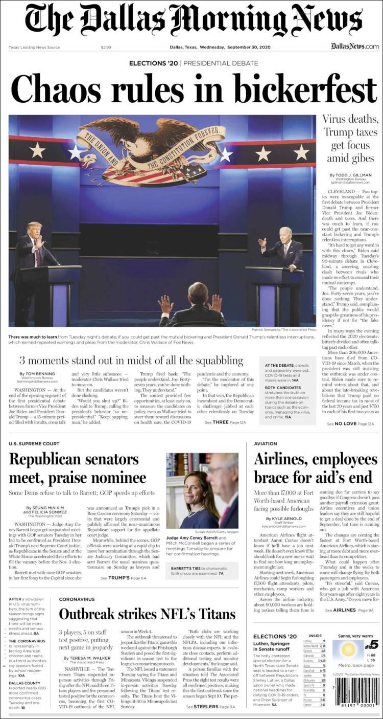 Portada de Dallas Morning News (USA)