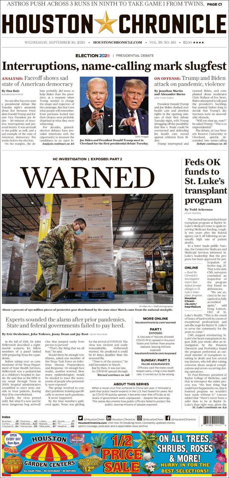 Portada de Houston Chronicle (USA)