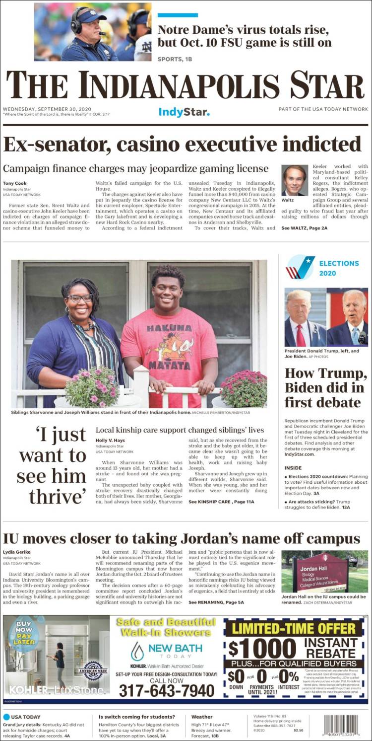 Portada de The Indianapolis Star (USA)