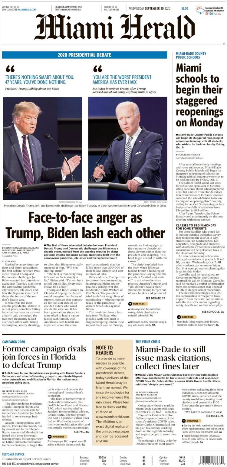 Portada de Miami Herald (USA)