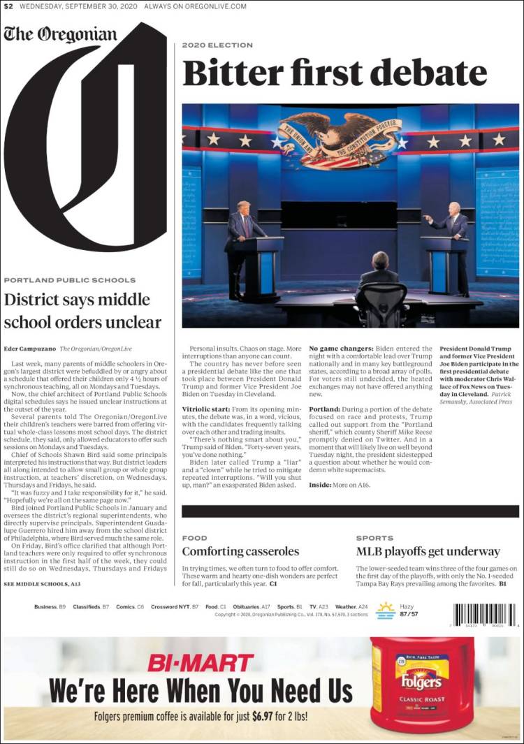 Portada de The Oregonian (USA)