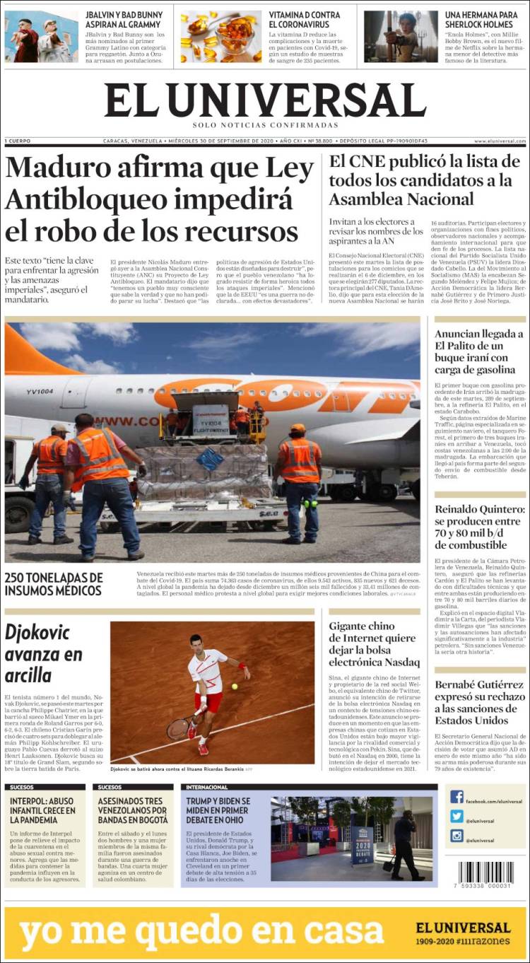 Portada de Universal (Venezuela)