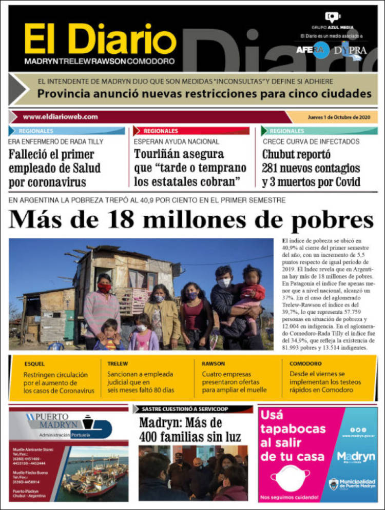 Portada de El Diario de Madryn (Argentina)