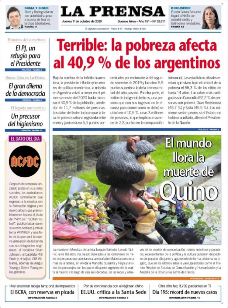 Portada de La Prensa (Argentina)