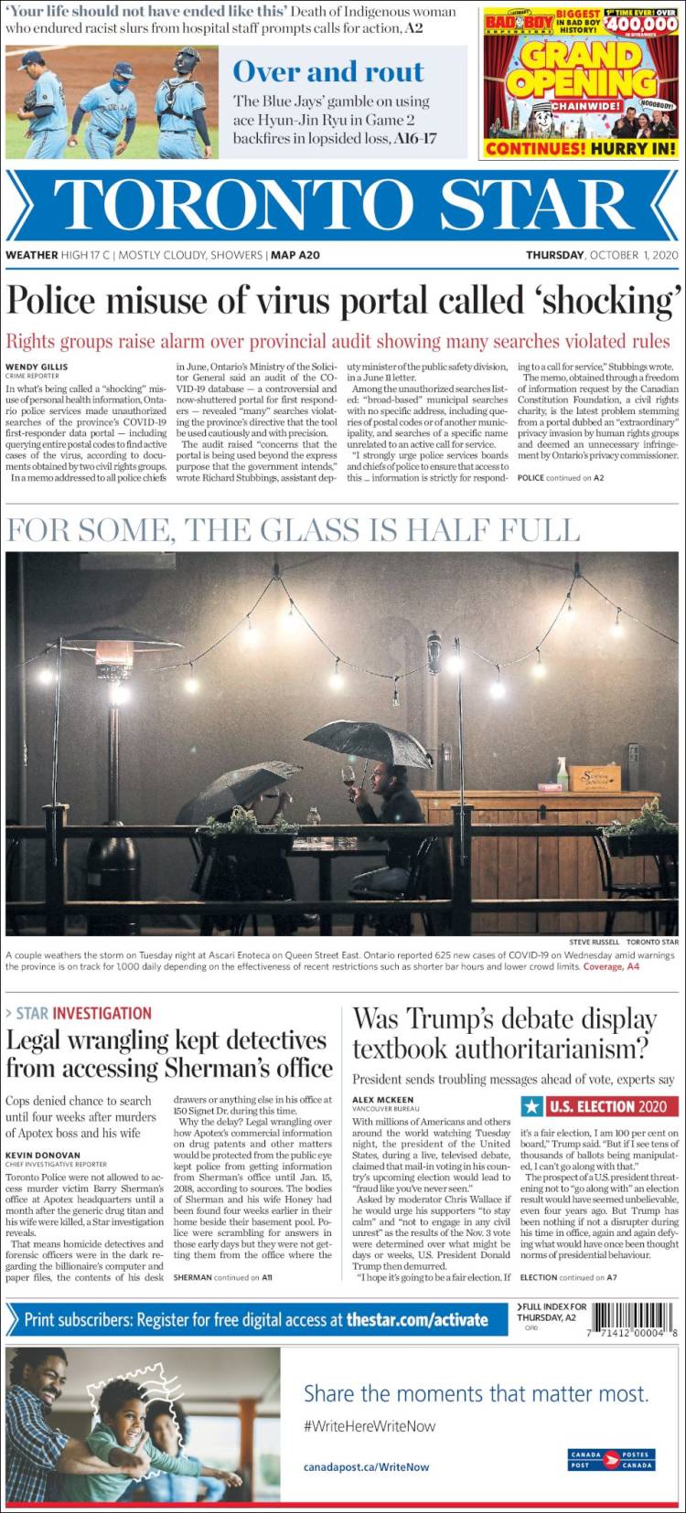 Portada de The Toronto Star (Canadá)