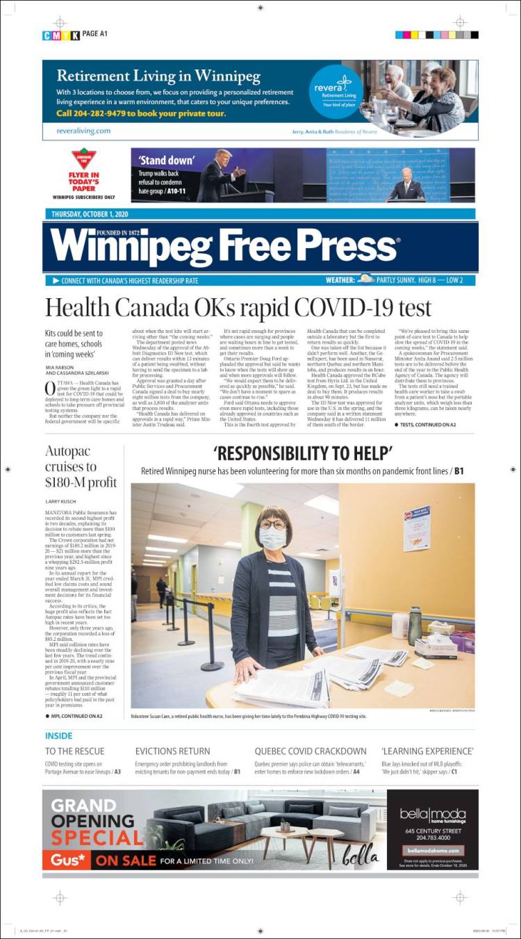 Portada de Winnipeg Free Press (Canadá)