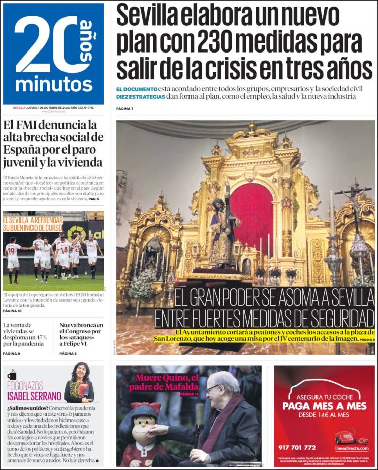 Portada de 20 Minutos - Sevilla (España)