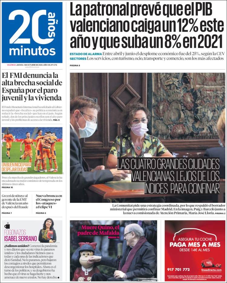 Portada de 20 Minutos - Valencia (España)