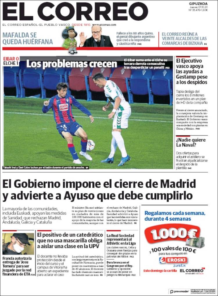 Portada de El Correo - Guipuzcoa (España)