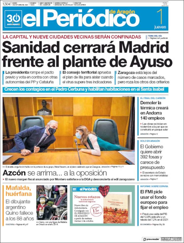 Portada de El Periódico de Aragón (España)