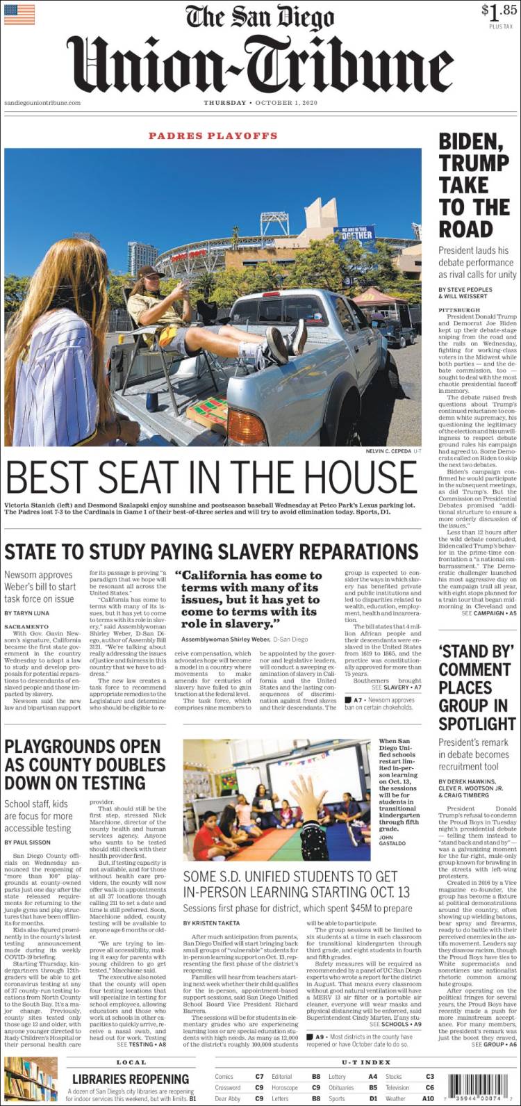 Portada de The San Diego Union-Tribune (USA)