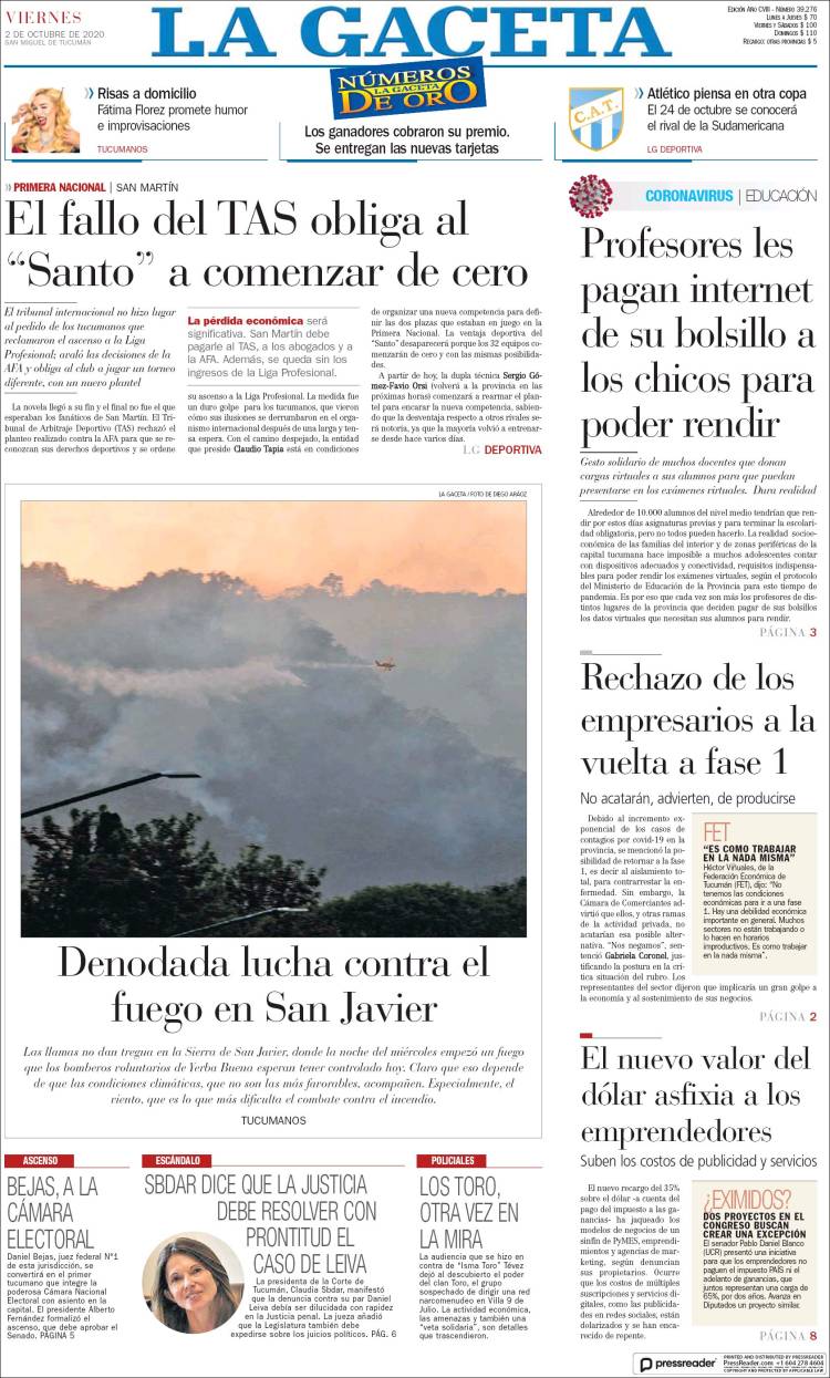 Portada de La Gaceta (Argentina)