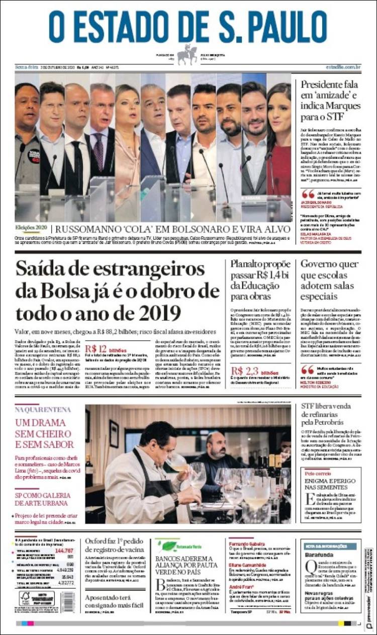 Portada de O Estado de São Paulo (Brasil)