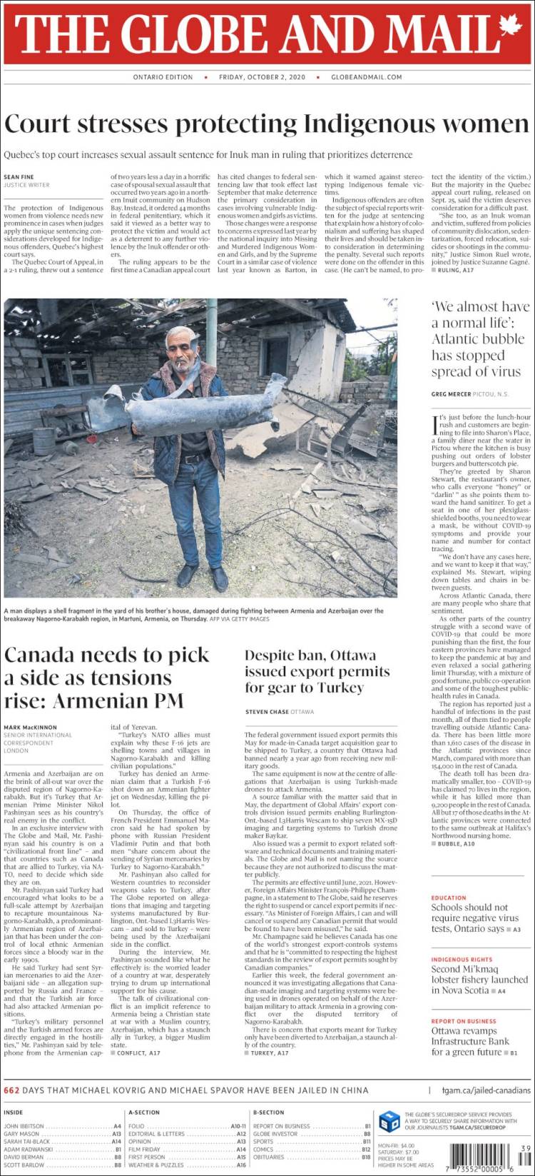 Portada de The Globe and Mail (Canad&aacute;)