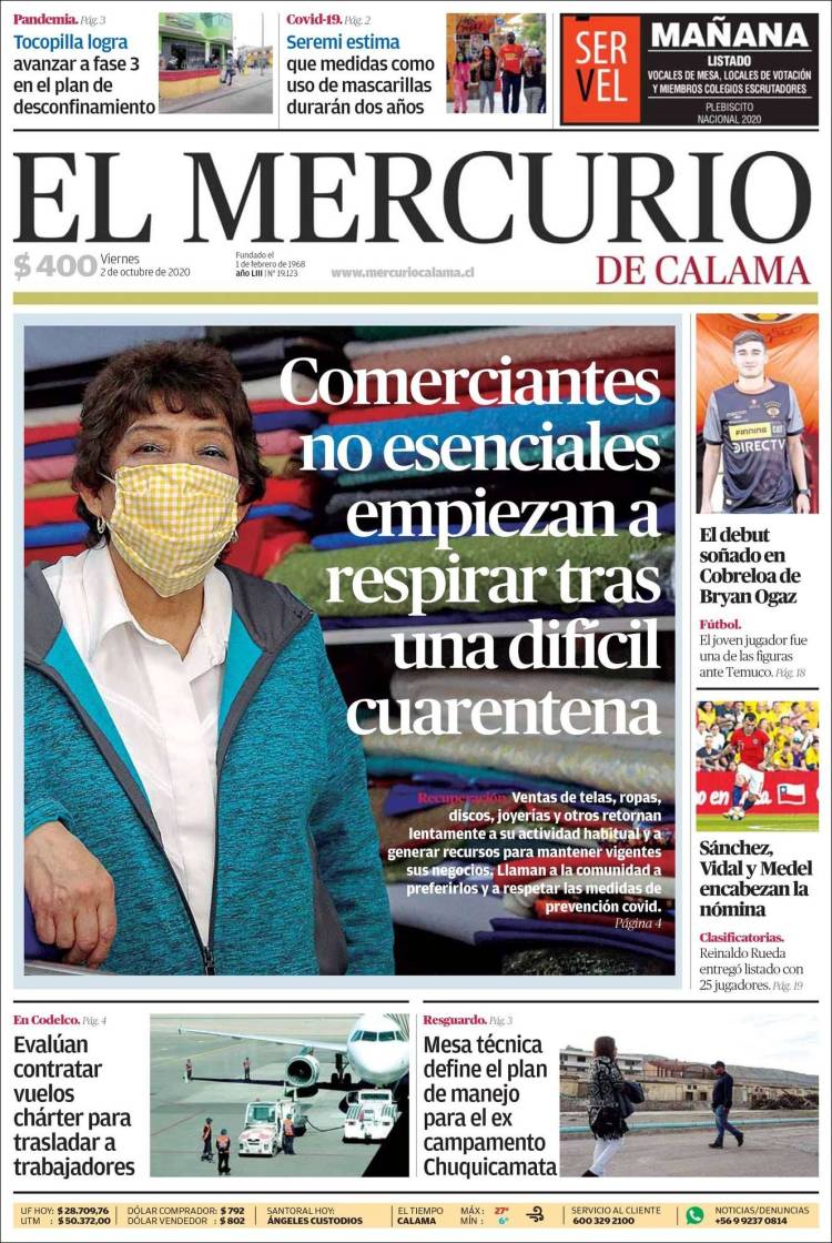Portada de El Mercurio - Calama (Chile)