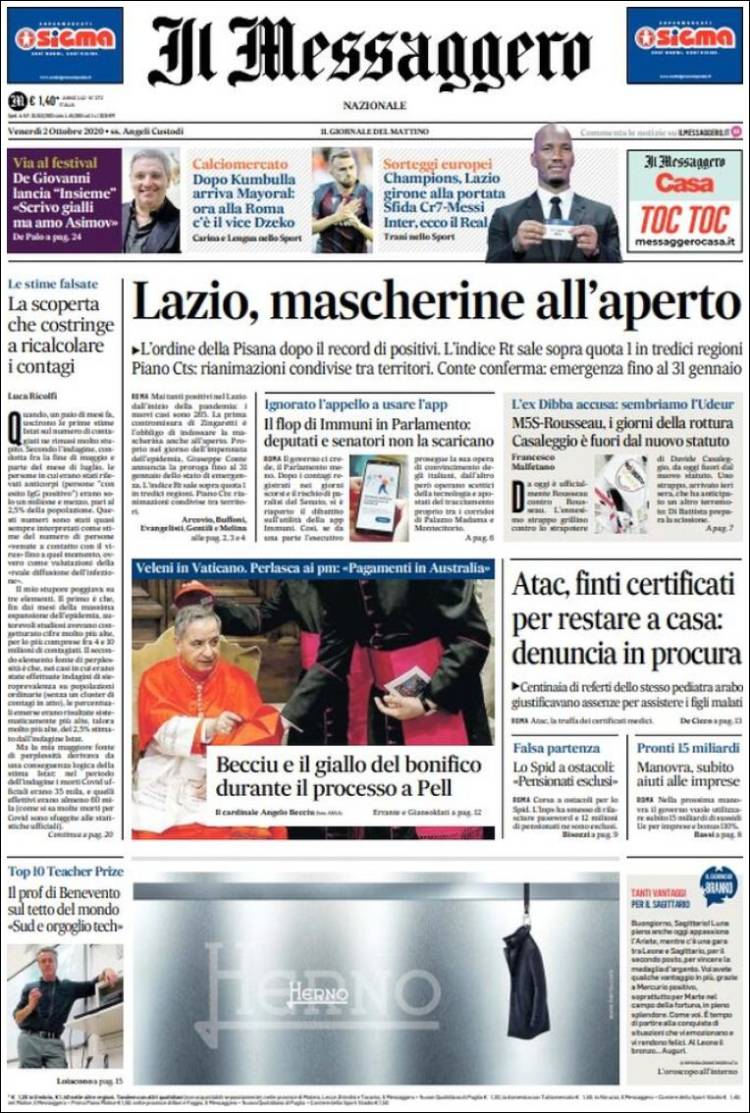 Portada de Il Messaggero (Italia)