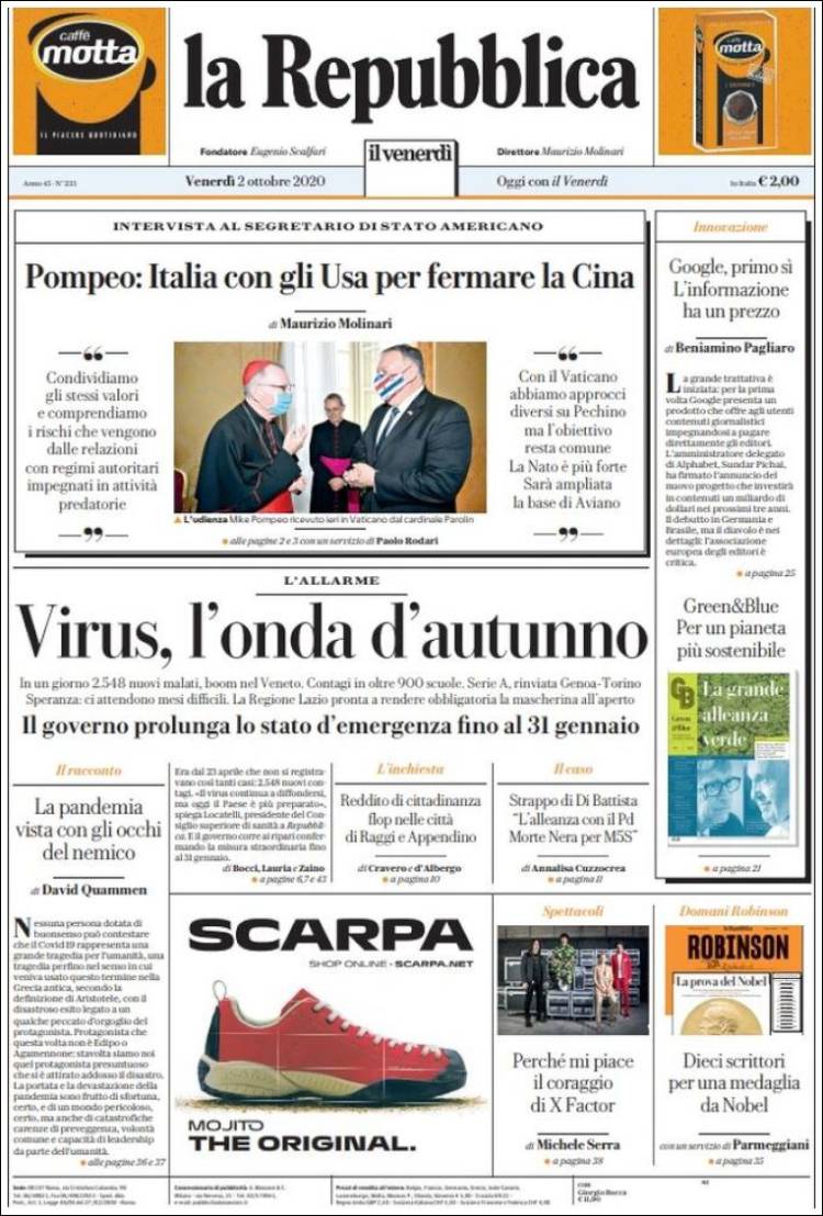 Portada de La Repubblica (Italia)