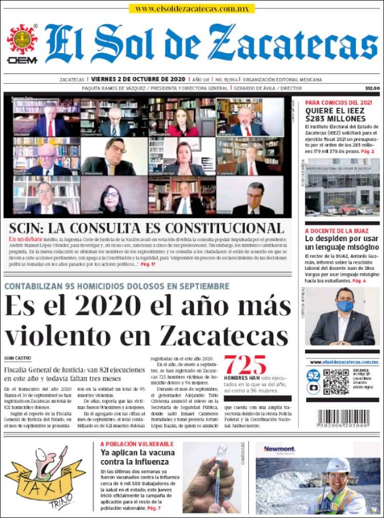 Portada de El Sol de Zacatecas (M&eacute;xico)