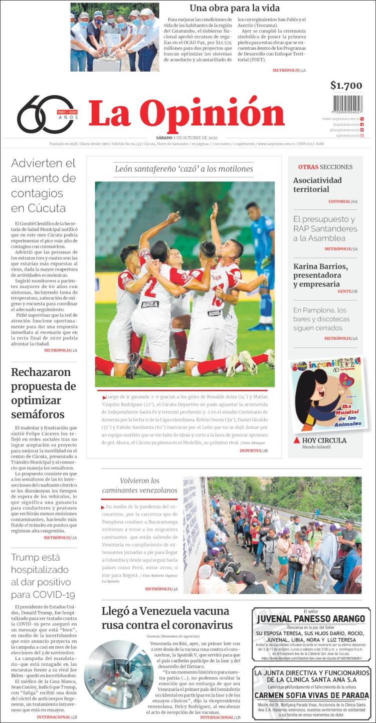 Portada de Diario La Opinion (Colombia)