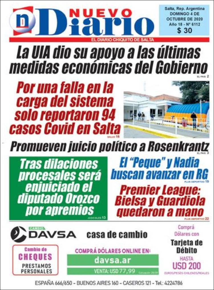 Portada de Nuevo Diario de Salta (Argentina)