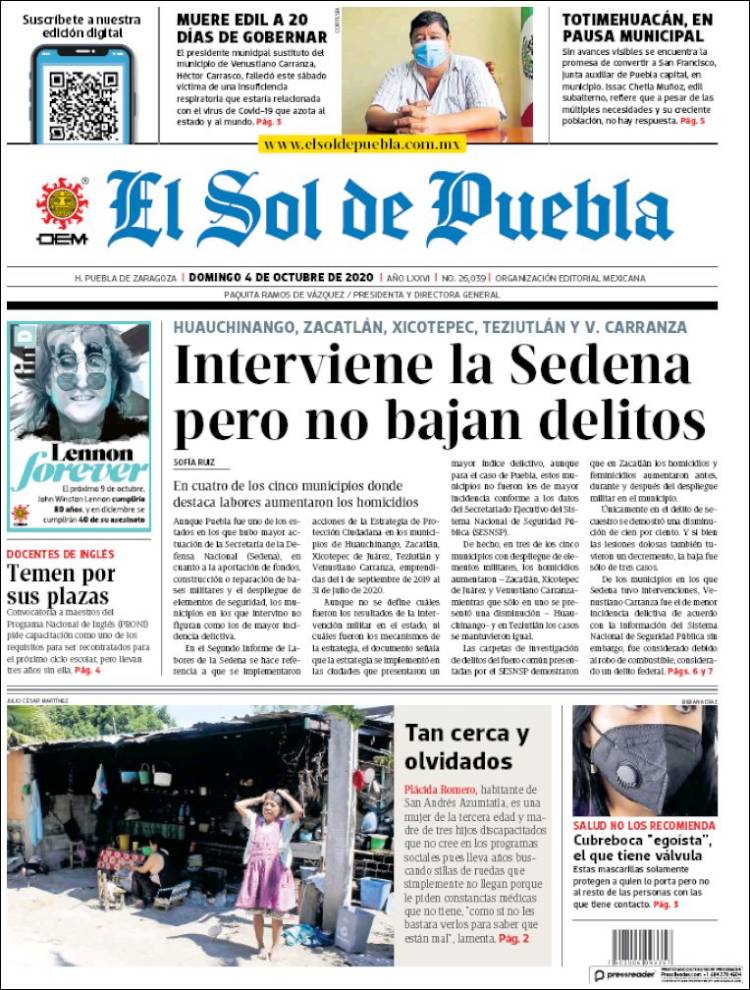 Portada de El Sol de Puebla (México)