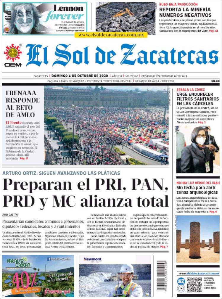 Portada de El Sol de Zacatecas (México)