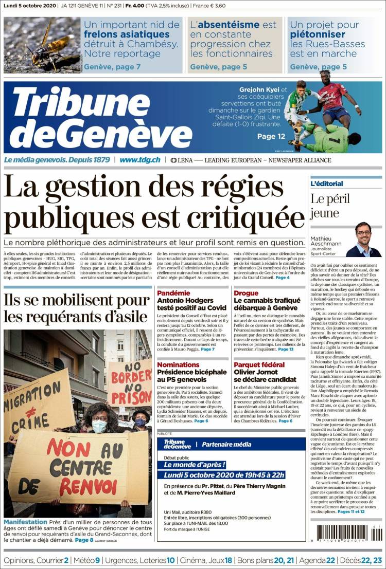 Portada de La Tribune de Genève (Suiza)
