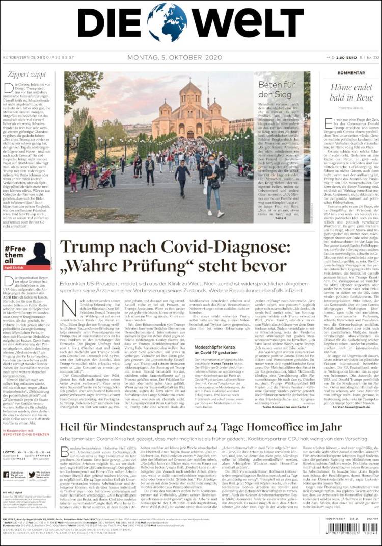 Portada de Die Welt (Alemania)