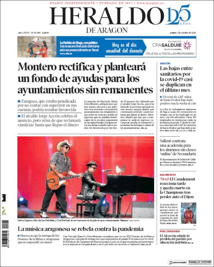 Portada de Heraldo de Aragón (España)