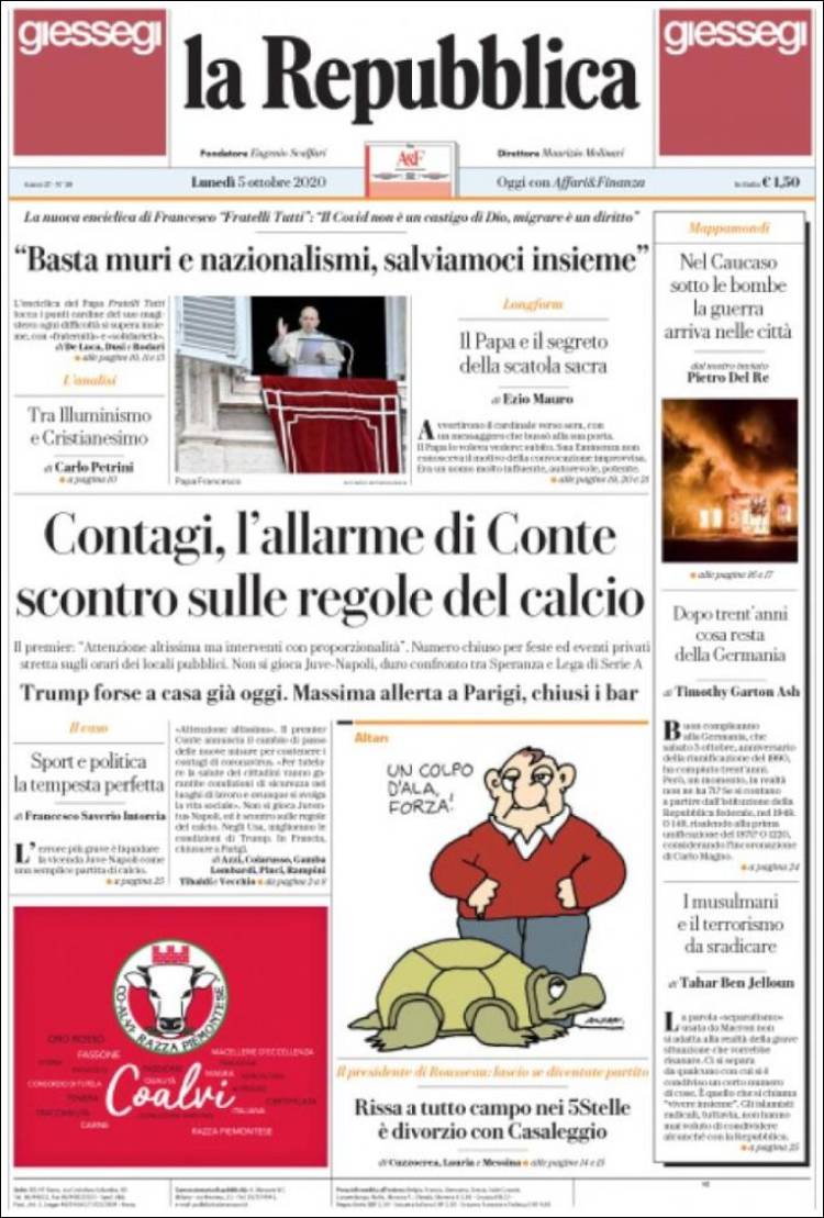 Portada de La Repubblica (Italia)
