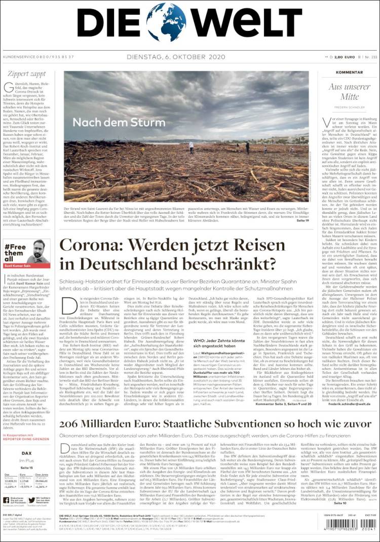 Portada de Die Welt (Alemania)