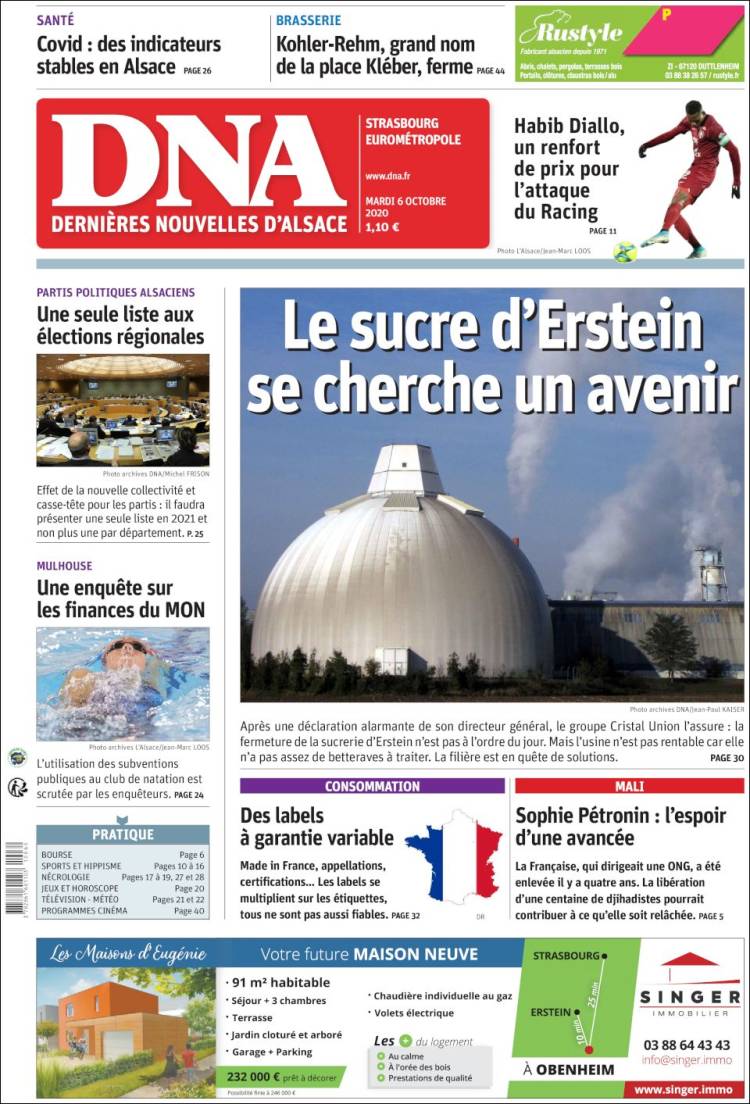 Portada de Les Dernières Nouvelles d'Alsace (Francia)
