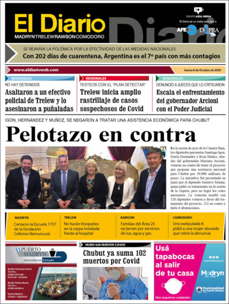 Portada de El Diario de Madryn (Argentina)