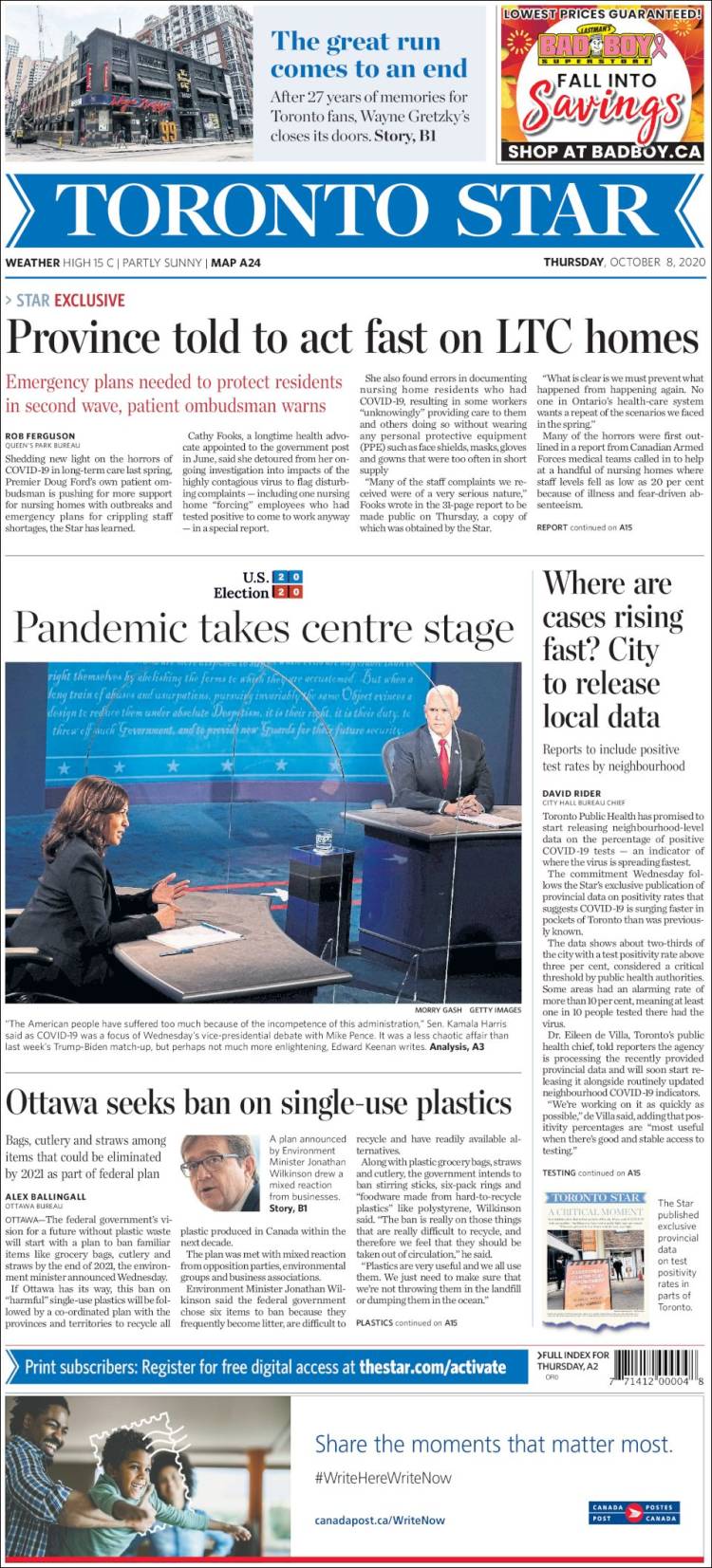 Portada de The Toronto Star (Canadá)