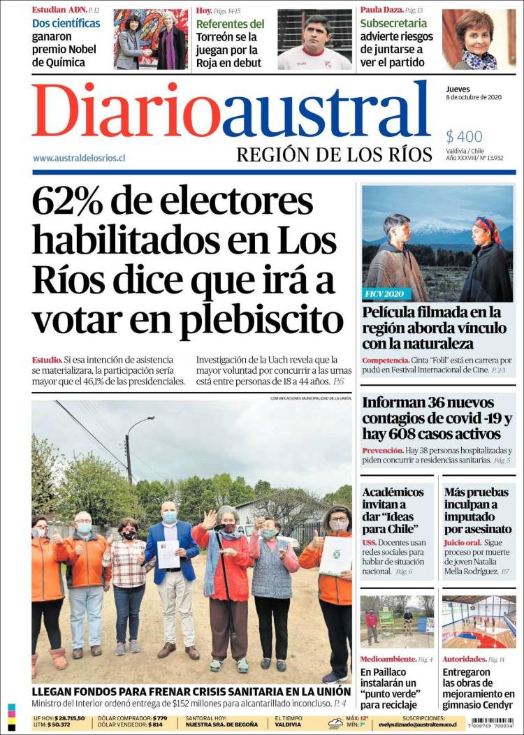 Portada de El Diario Austral de Valdivia (Chile)