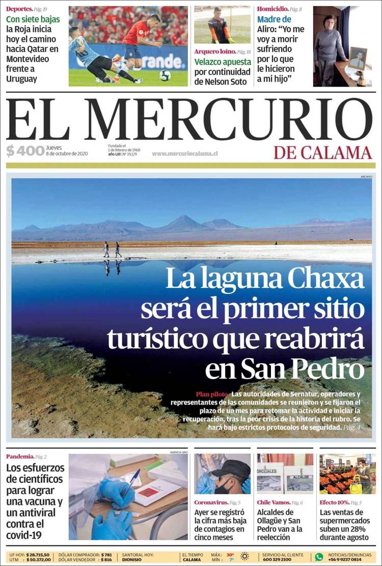 Portada de El Mercurio - Calama (Chile)