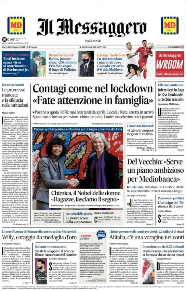 Portada de Il Messaggero (Italia)