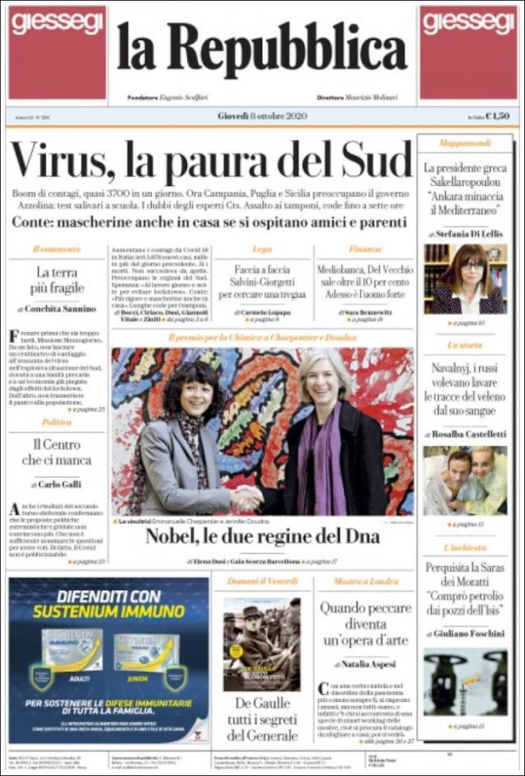 Portada de La Repubblica (Italia)