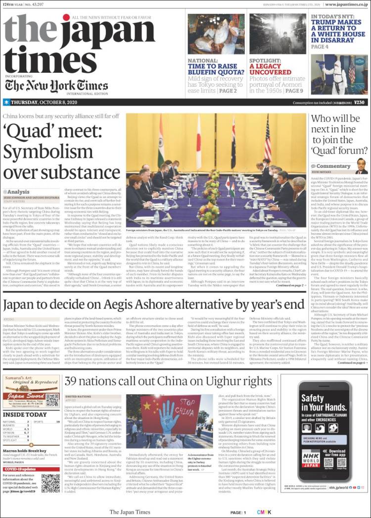 Portada de The Japan Times (Jap&oacute;n)