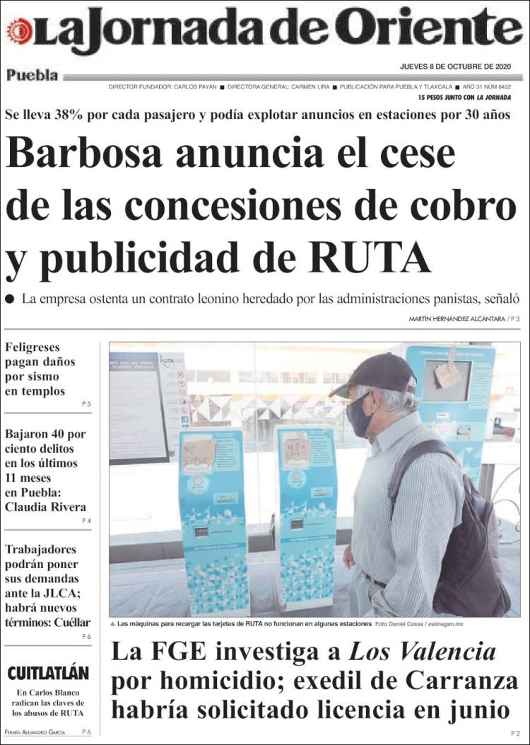 Portada de La Jornada de Oriente - Puebla (M&eacute;xico)