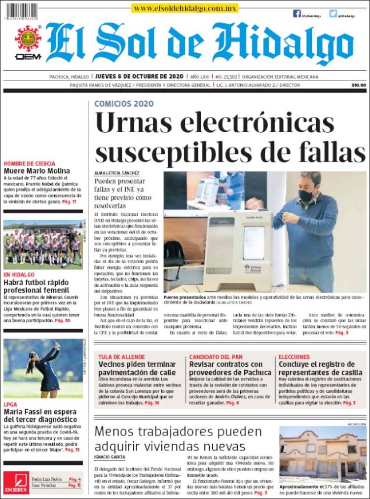 Portada de El Sol de Hidalgo (M&eacute;xico)