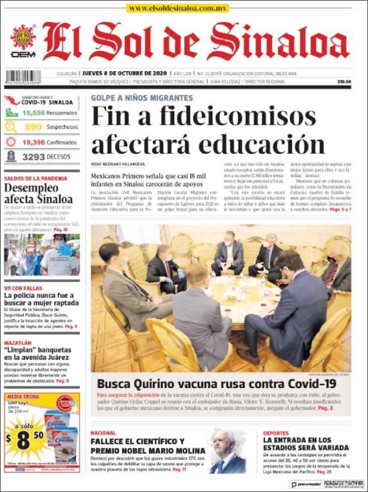 Portada de El Sol de Sinaloa (M&eacute;xico)