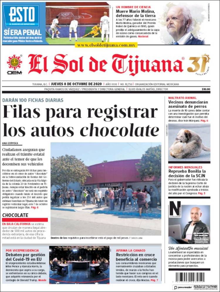 Portada de El Sol de Tijuana (M&eacute;xico)