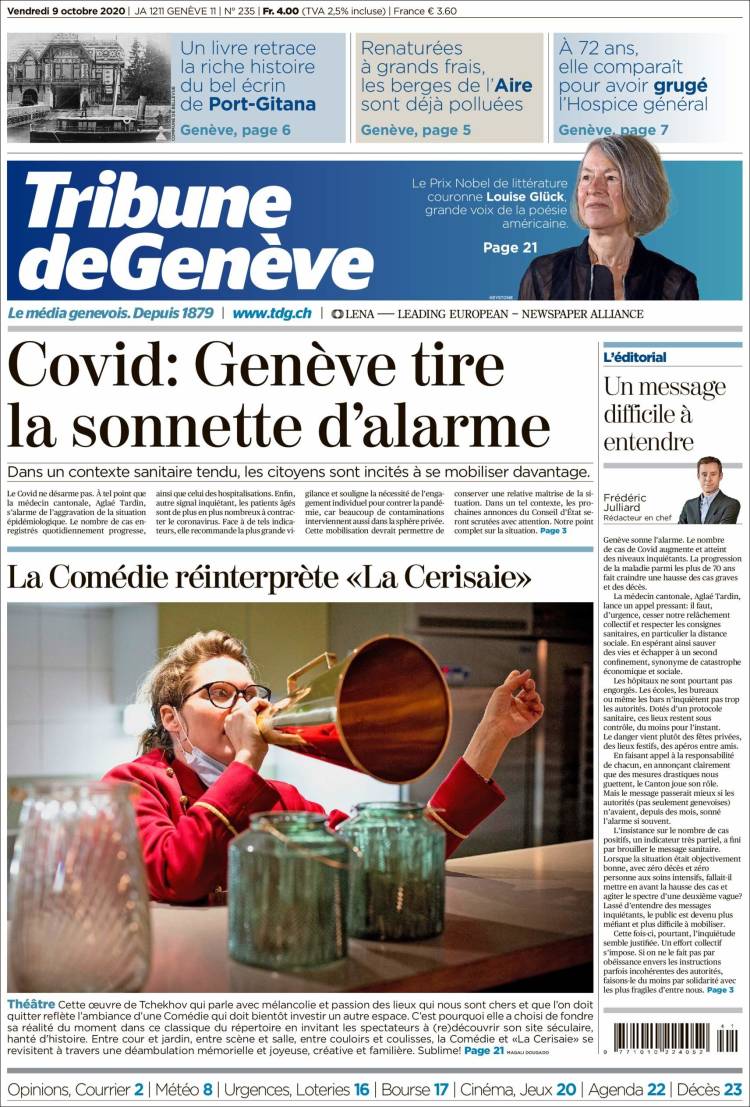 Portada de La Tribune de Genève (Suiza)