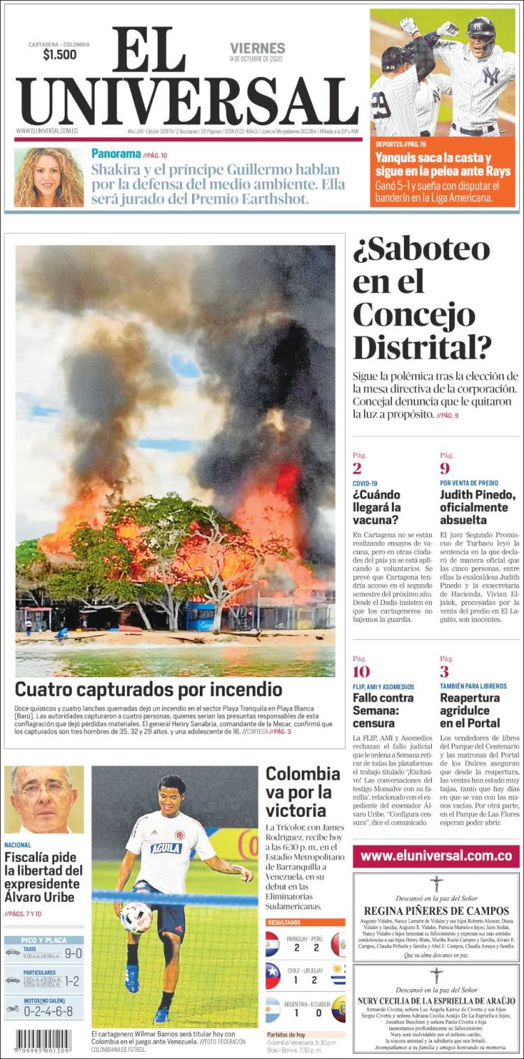 Portada de El Universal (Colombia)