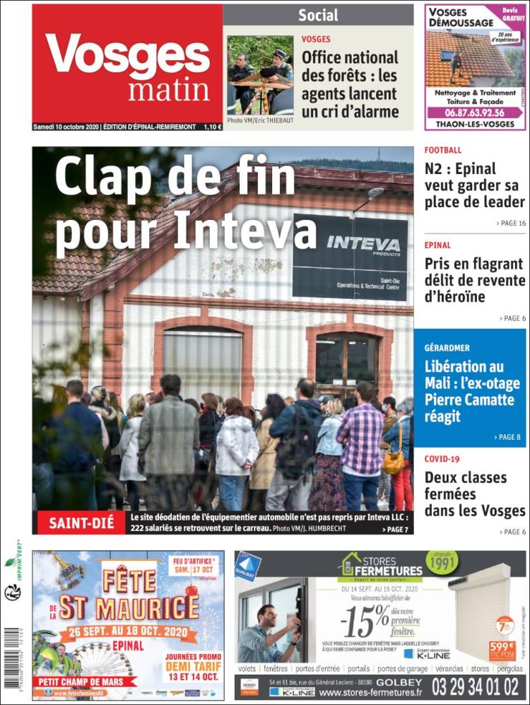Portada de Vosges Matin (Francia)