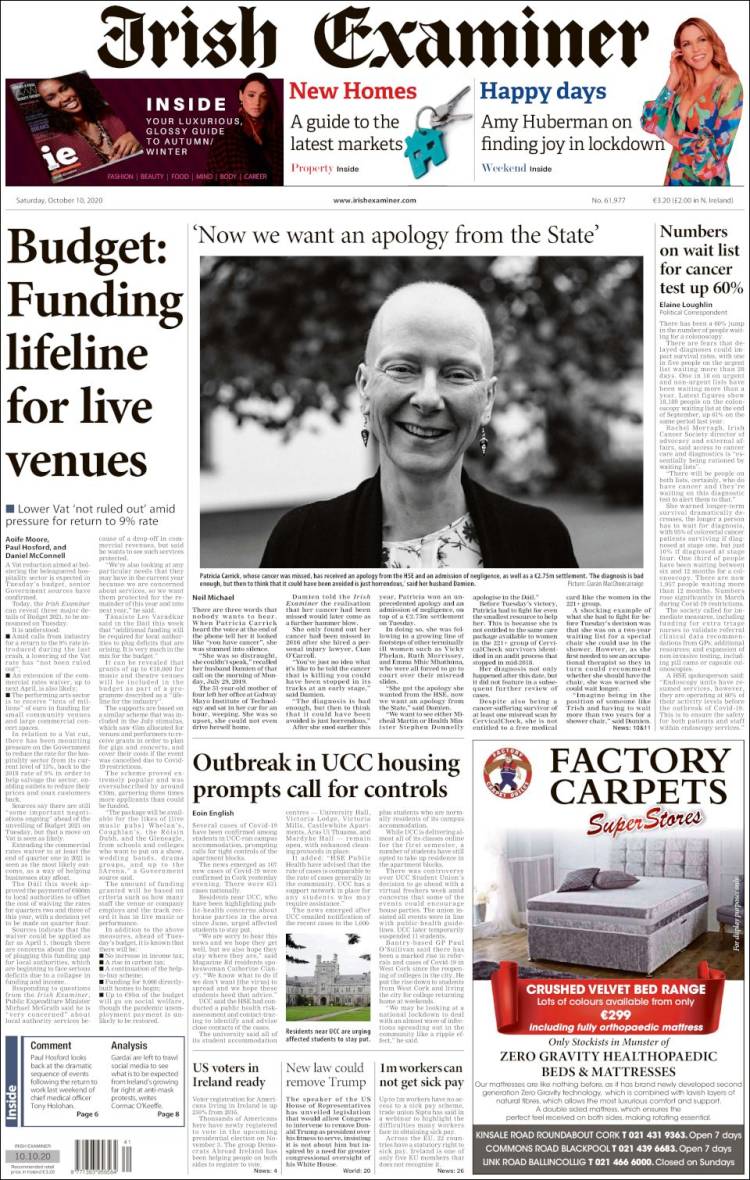 Portada de Irish Examiner (Irlanda)